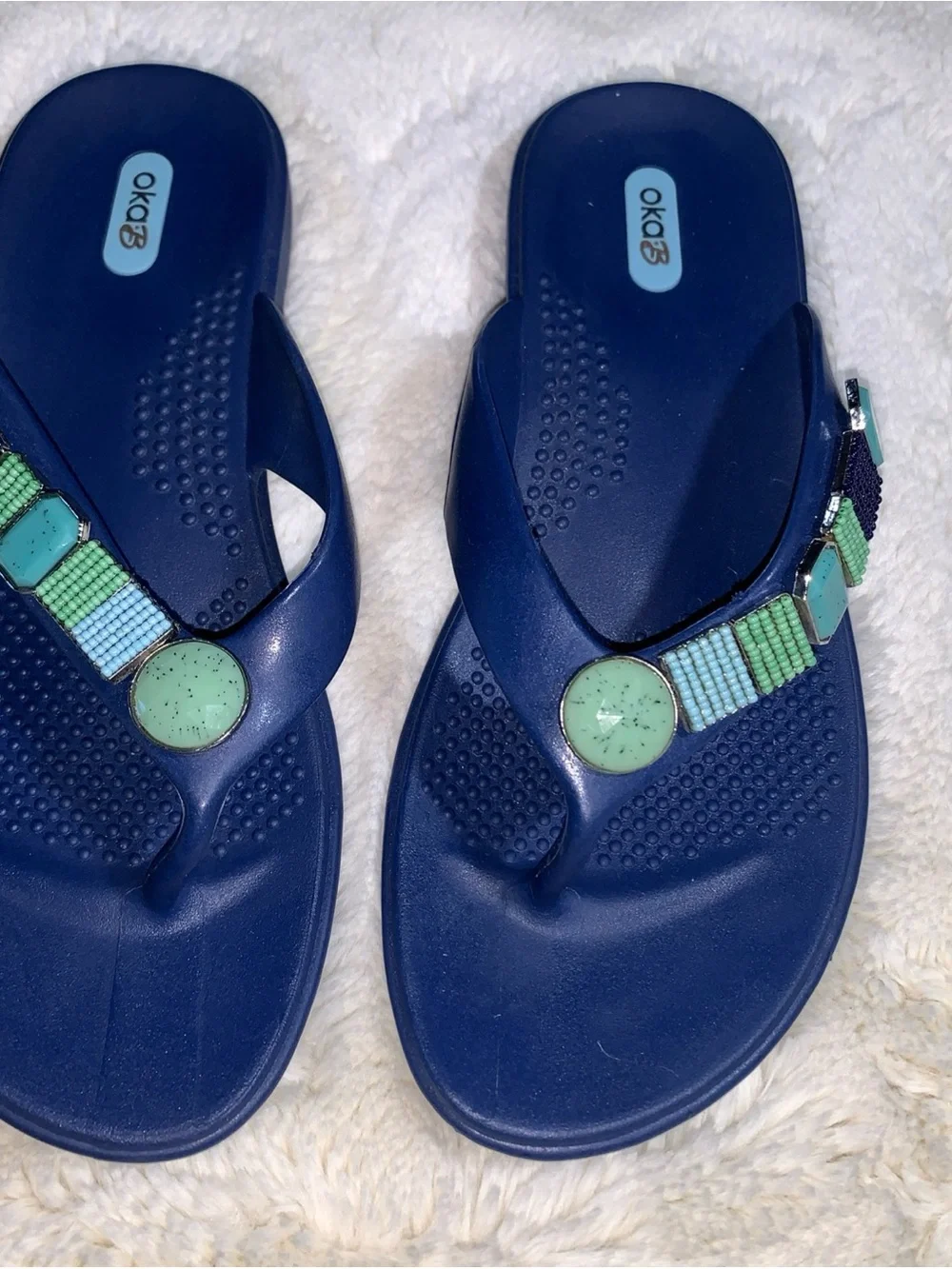 OKA b. Navy Flip Flops with Mint and Aqua Beaded Accents